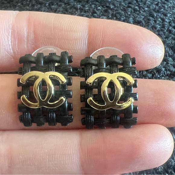 CHANEL Jewelry - Chanel Black and Gold CC Logo Woven Earrings